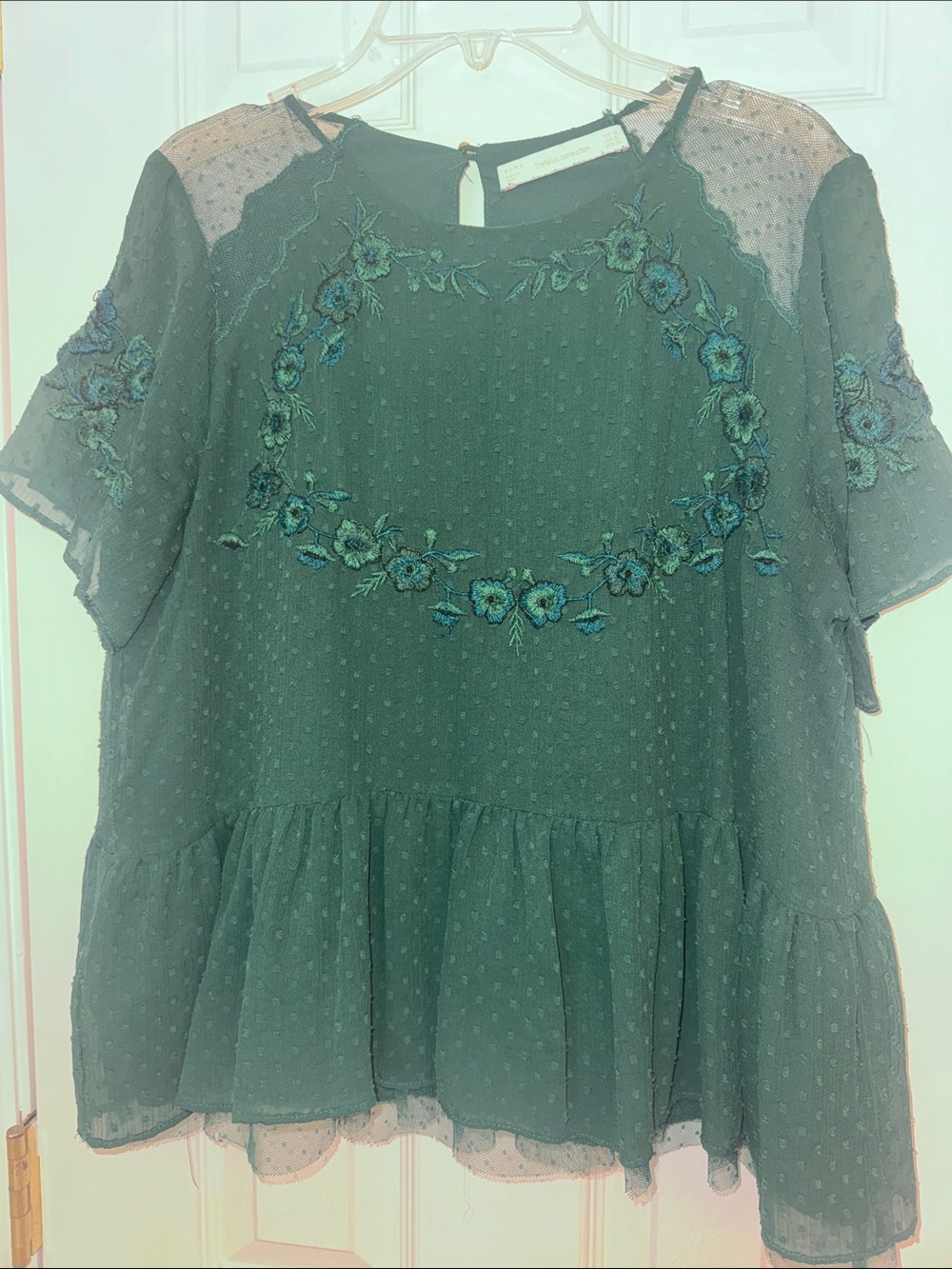Zara Forest Green Embroidered Floral Peasant Tunic